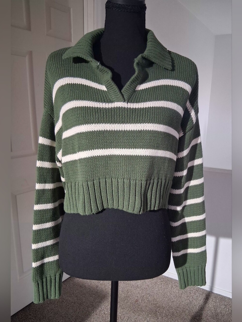 NWOT-Striped Green Cropped Sweater with Collar